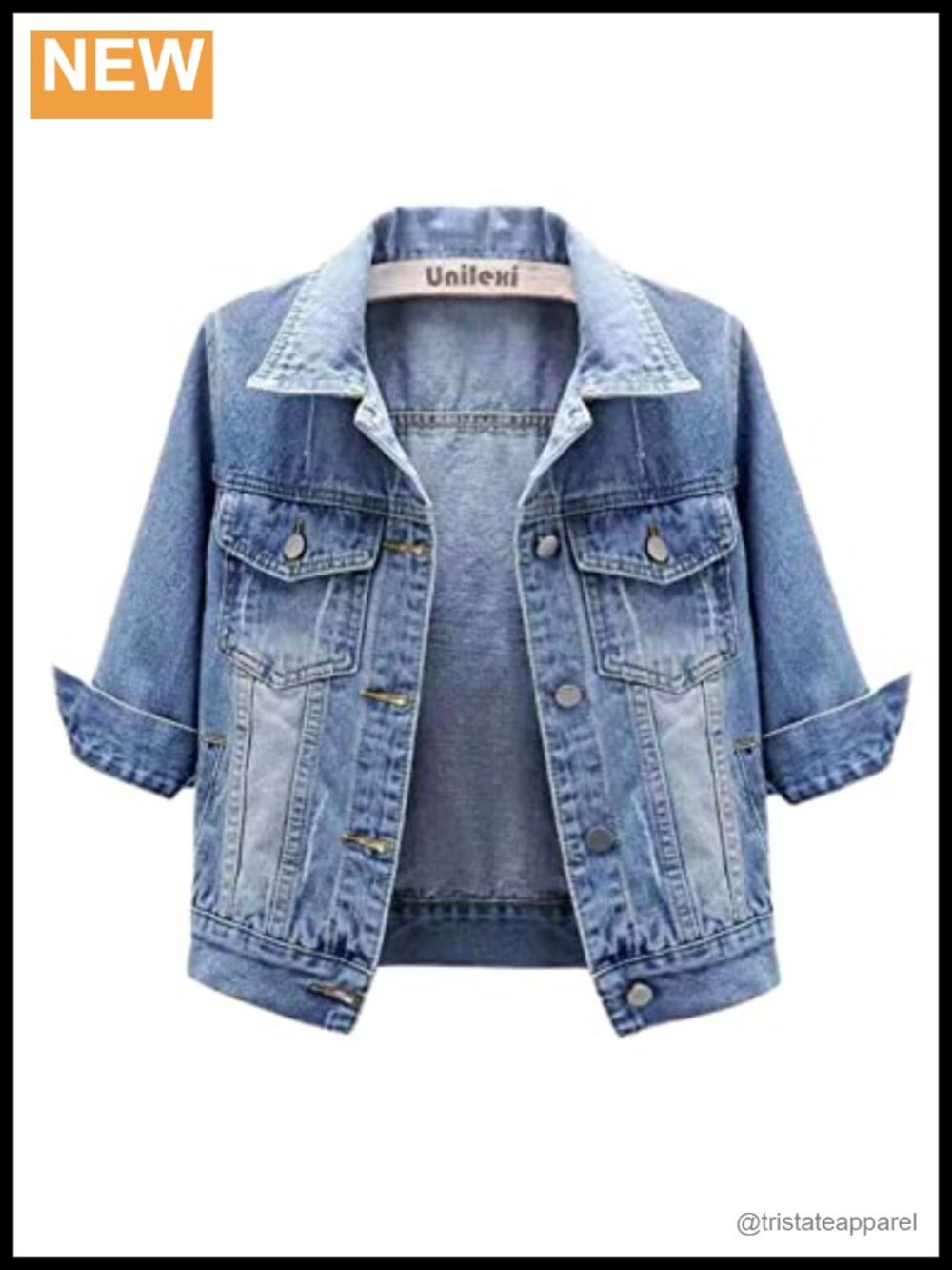 Women's 3/4 Sleeve Cropped Denim Jacket Button Down Trucker Coat